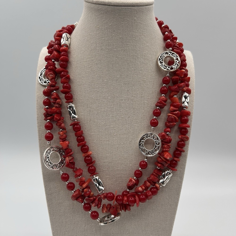 Premier Designs Firecracker Necklace Silver tone Red Beaded 3 Strand Layered 18"